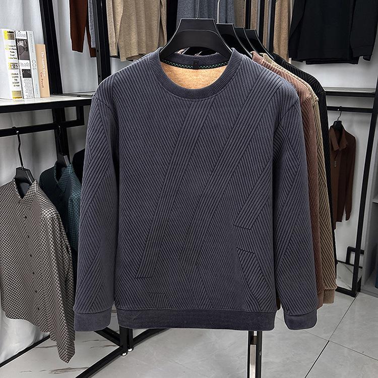 Men's Fashion Long-Sleeve Velvet Warm Hoodie - Autumn/Winter Round Neck Knit Casual Top