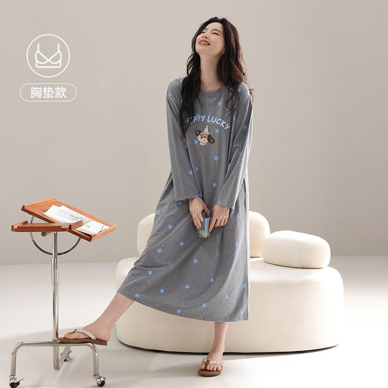 Womens Cotton Long Sleeve Nightgown With Built-in Bra Striped Sleepwear Home Dress