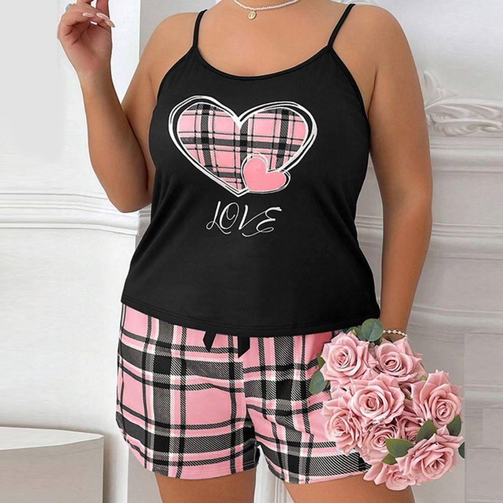 Homewear Women's Pajamas Set Love Heart Cami Shorts Pajamas Casual Two Piece Nightwear  Girl