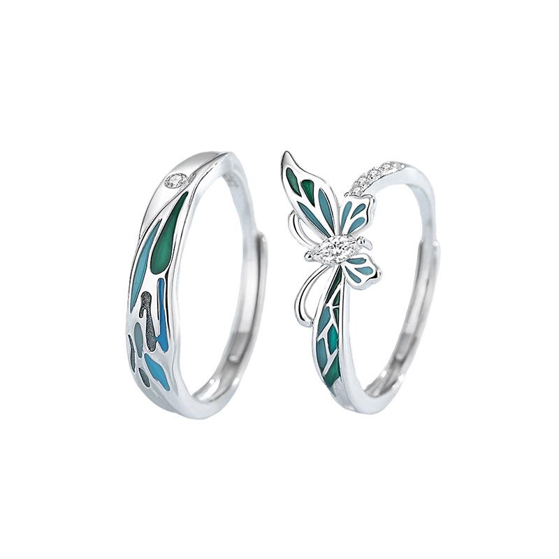 Tichia S925 Sterling Silver Butterfly Love Couple Rings with Enamel and Luminous Detail