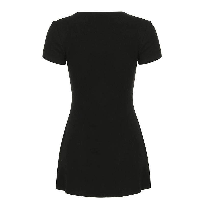 Women s Ribbed Knit Mini Dress V-Neck Button Down Slim Fit A-Line Short Sleeve – Multiple Colors S чёрный