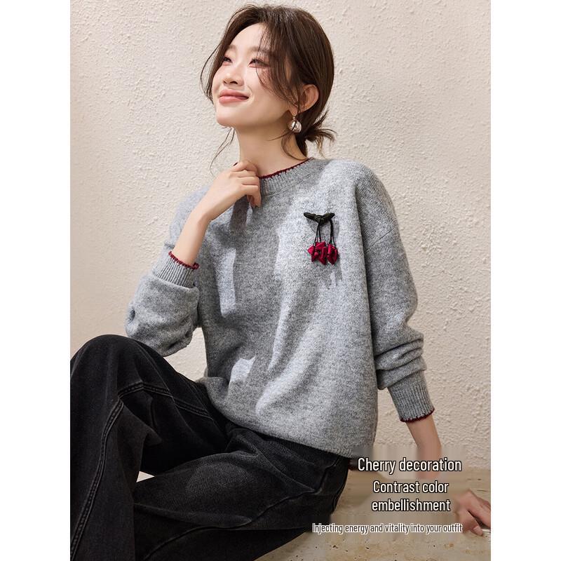 Women's Soft Wool Blend Cherry Detail Drop Shoulder Sweater