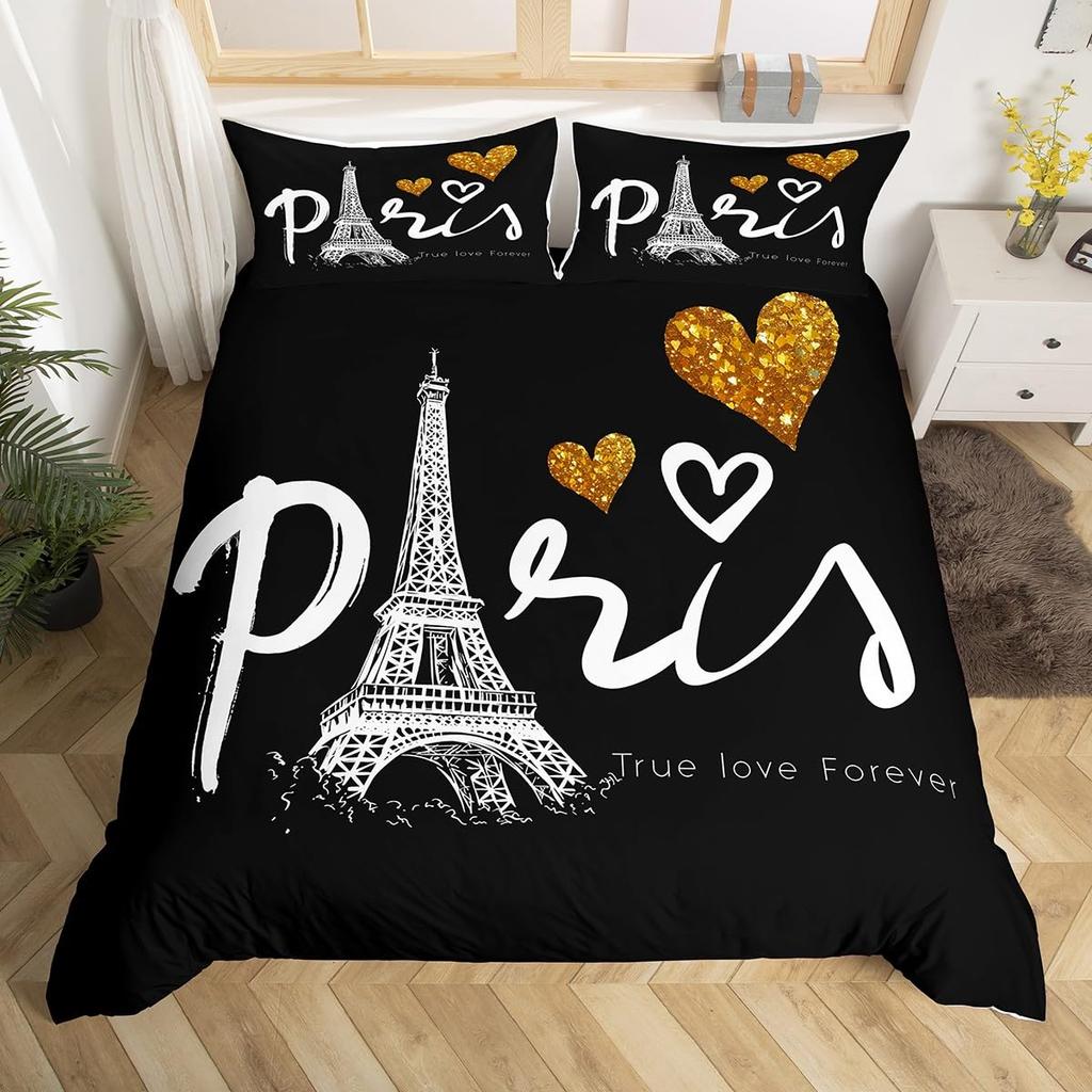 Comforter Romantic Eiffel Tower Microfiber Floral Bedding Set Paris Cityscape Twin Comforter For Girls Teen Adult Room