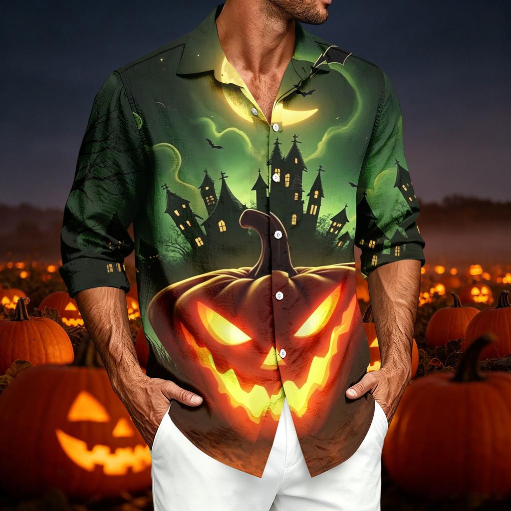 Men's Casual Long Sleeve Shirt with Halloween Print for Spring Fall