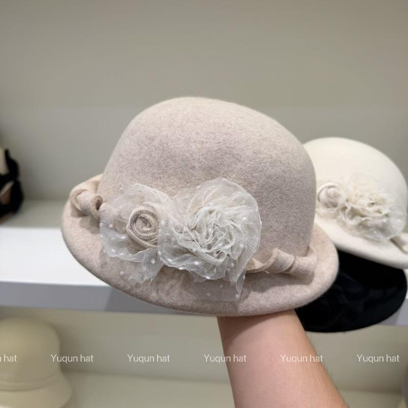 Autumn and Winter Wool Beret Women's Flower Crimped Top Hat Showing Face Small Octagonal Hat Bud Hat Versatile Daughter Hat