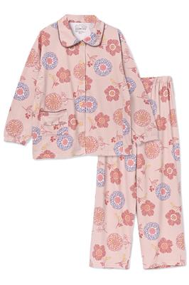 Bon Sommeil Baumwollmischung Oberteil und Hose Vorderseite Bequemes Schlafdesign Rosa x Damen Langarm Pyjama, Set, Öffnung, (L, Blume)