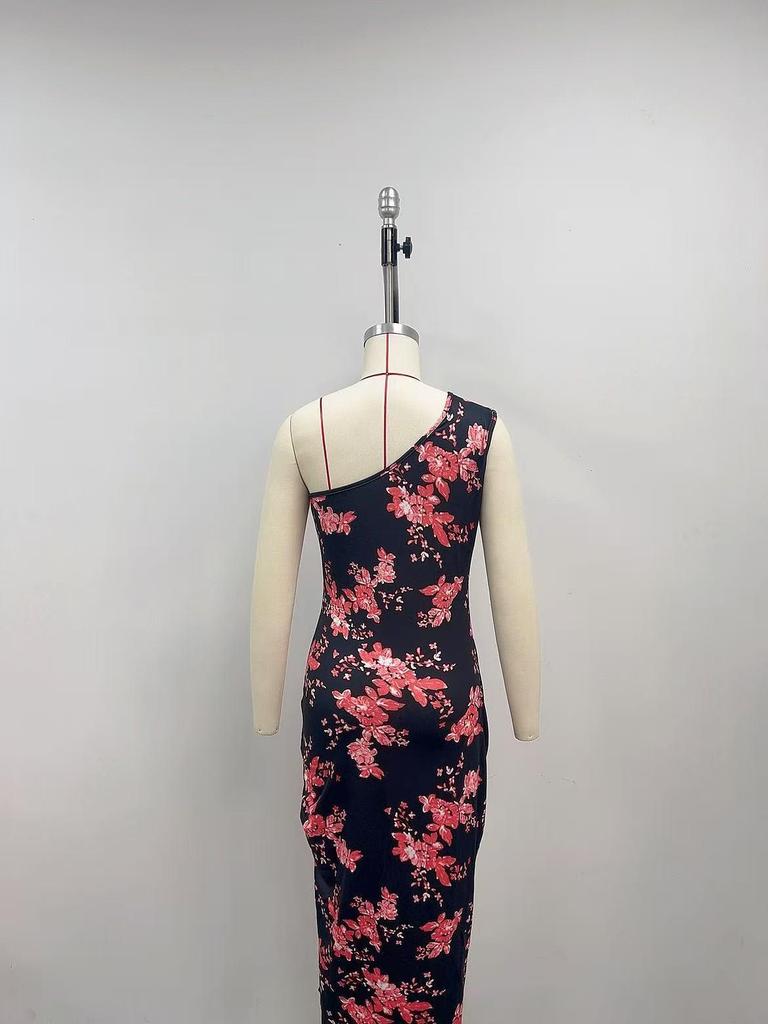 2025 European-American One-Shoulder Bodycon Maxi Dress with High Slit and Summer Print