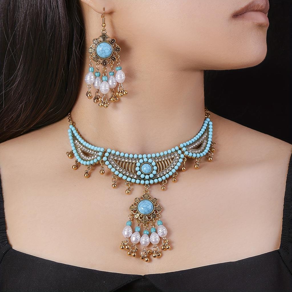 Popular Bohemian Ethnic Style Exaggerated Jewelry Set Women's Necklace Earrings Diamond Jewelry