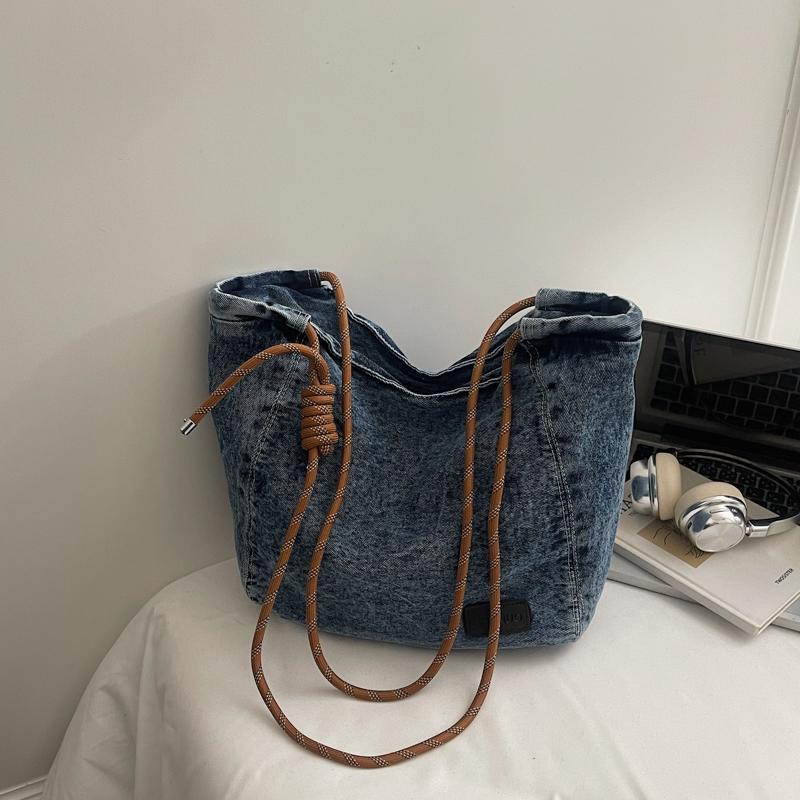 Duża Pojemność Retro Jeansowa Torba Damska Jednokolorowa Na Ramię Crossbody