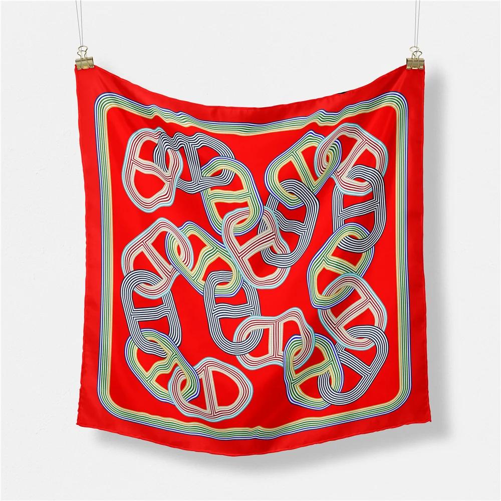 

Twill Silk Scarf Woman Chain Print Square Scarves Wraps Bandana Small Hijab Foulards Lady Tie Headband Neckerchief 53CM 53CM x 53CM червоний