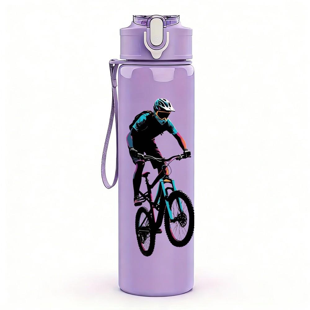 1PC Bicycle Rider Sport Character Print 750ml Color Plastic Sports Water Bottle Leakproof Flip Straw Lid Suitable for Sports Office Home Use