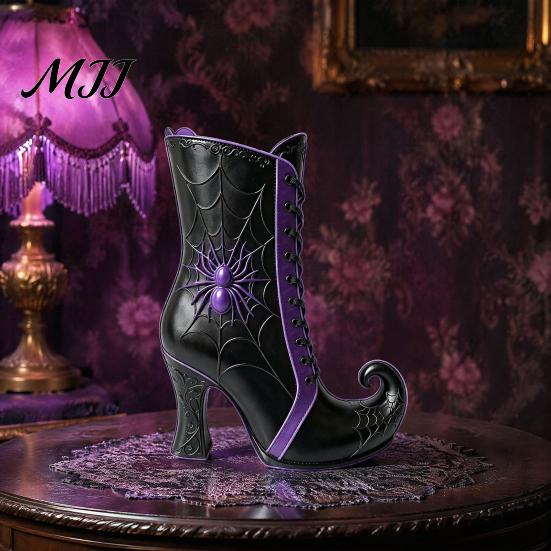 Halloween Themed Floral Display Vessel Witch Boot Vase, Gothic Spider Web Flower Vintage Style Vase for Autumn Decorative Table Centerpiece