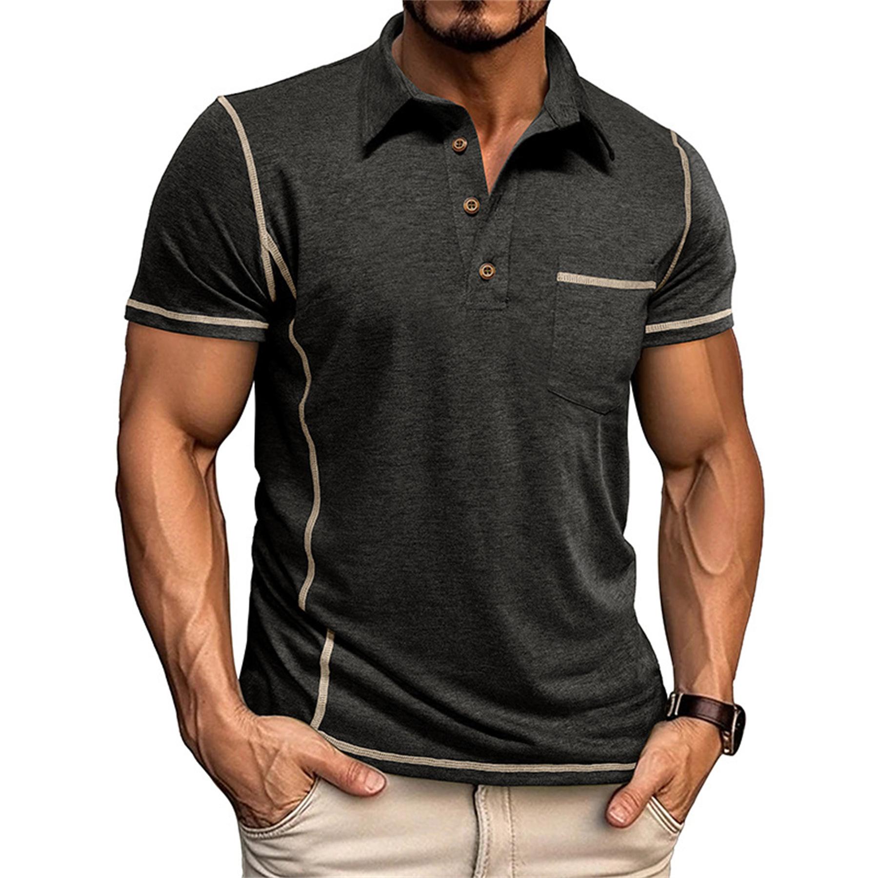 

Men s short sleeve lapel solid color casual T-shirt L чёрный