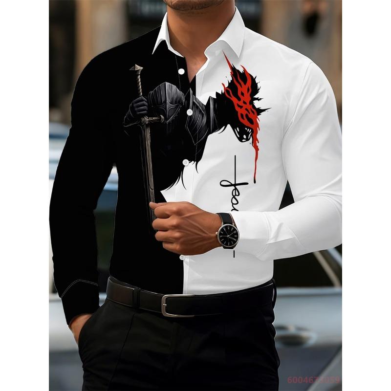 Men's Fashion Red Rose Print Long-Sleeve Shirt, Stylish Casual Design, Spring/Autumn Casual Shirt, Sizes XS-6XL