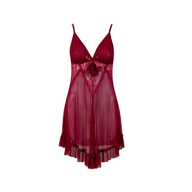Experience the allure: Sexy French Lace Deep V Camisole Nightgown Set for Women.