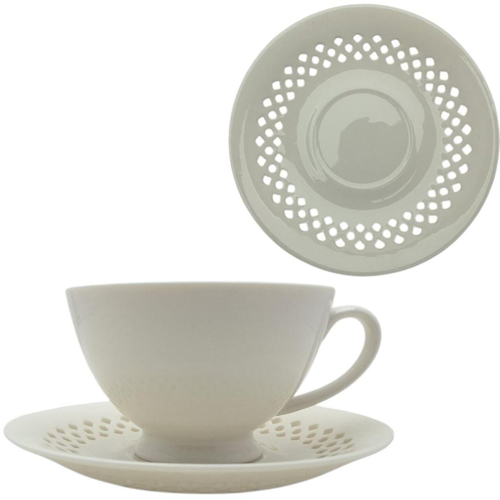 WHITE CERAMIC CUP 260ml WITH OPENWORK SAUCER FOR COFFEE AND TEA