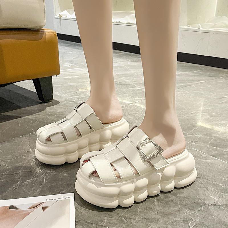 Soft Leather Bag Head Woven Slippers Women's Summer Wear 2025 New Retro Soft Bottom Height Increased by 8 Cm Hollow Cool Slippers
