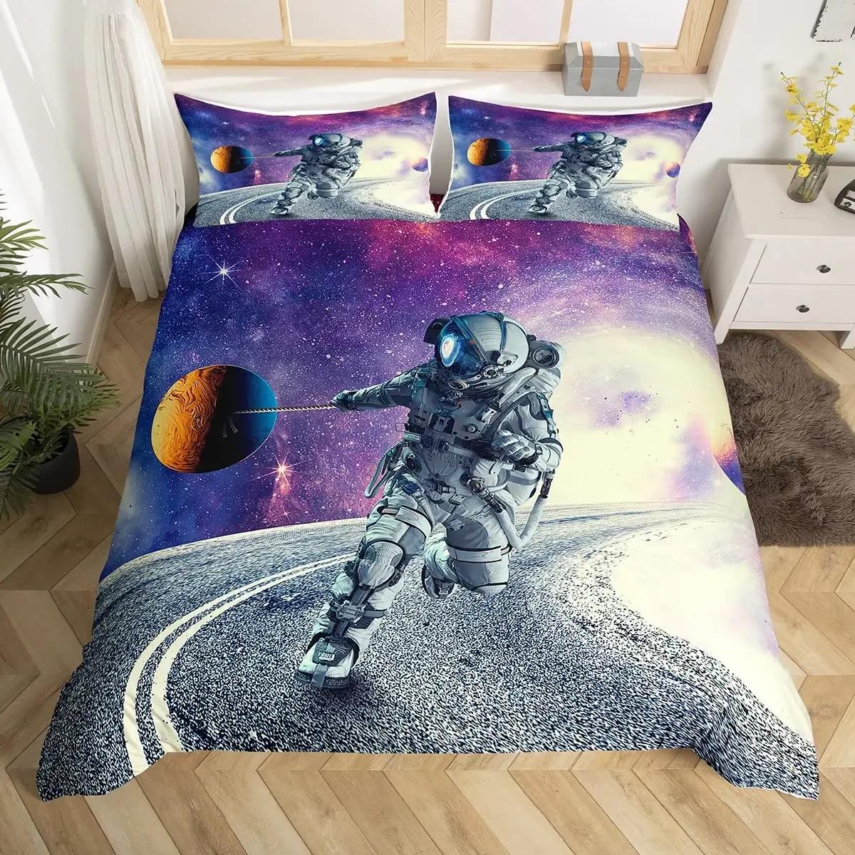

Comforter Cartoon Astronaut Moon Clouds Starry Sky Microfiber Galaxy Bedding Set Twin King For Boys Girls Gift Comforter (quilt)-EU Single(135*200cm)3pcs