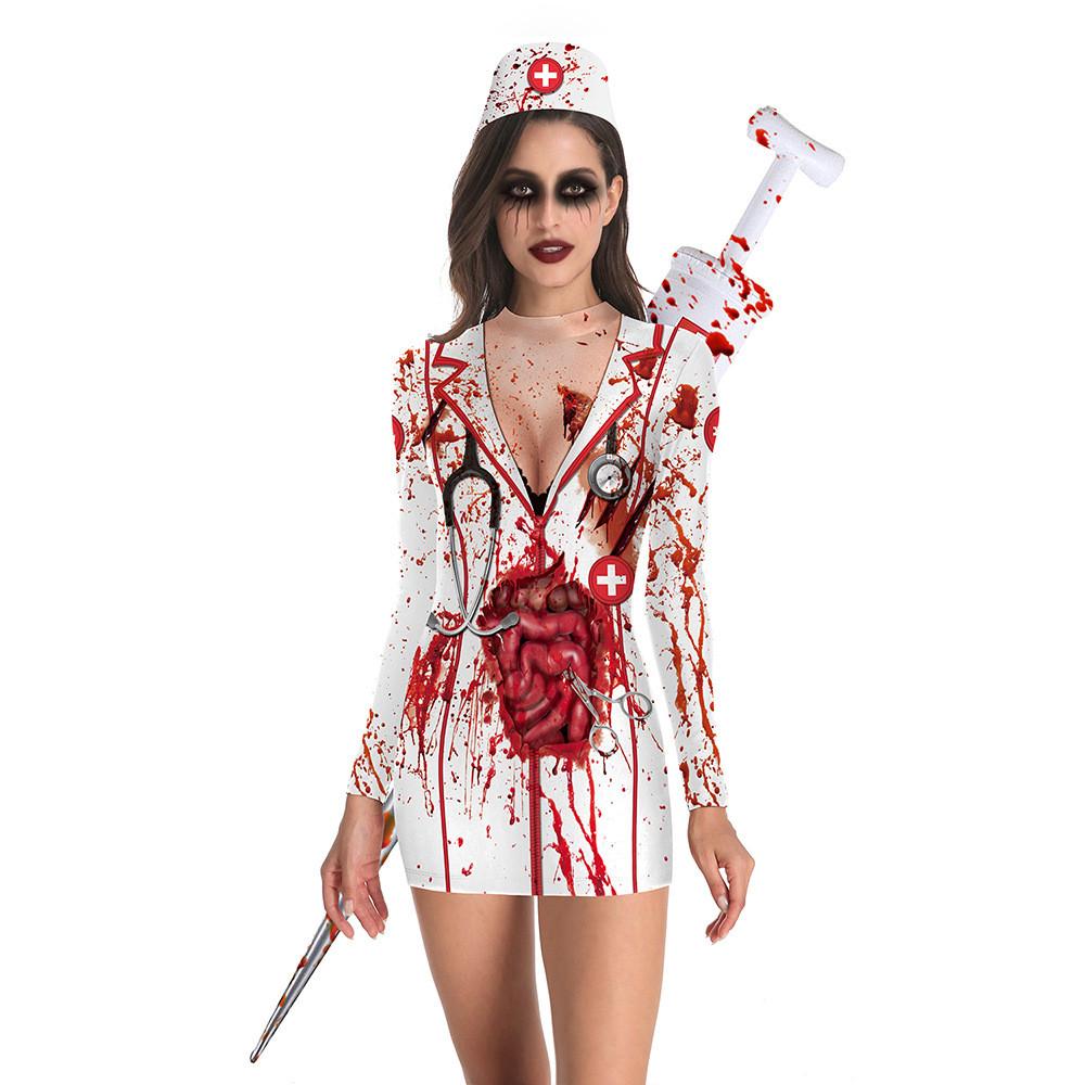 Halloween Nurse Costume Dress With Printed Pattern For Cosplay Parties