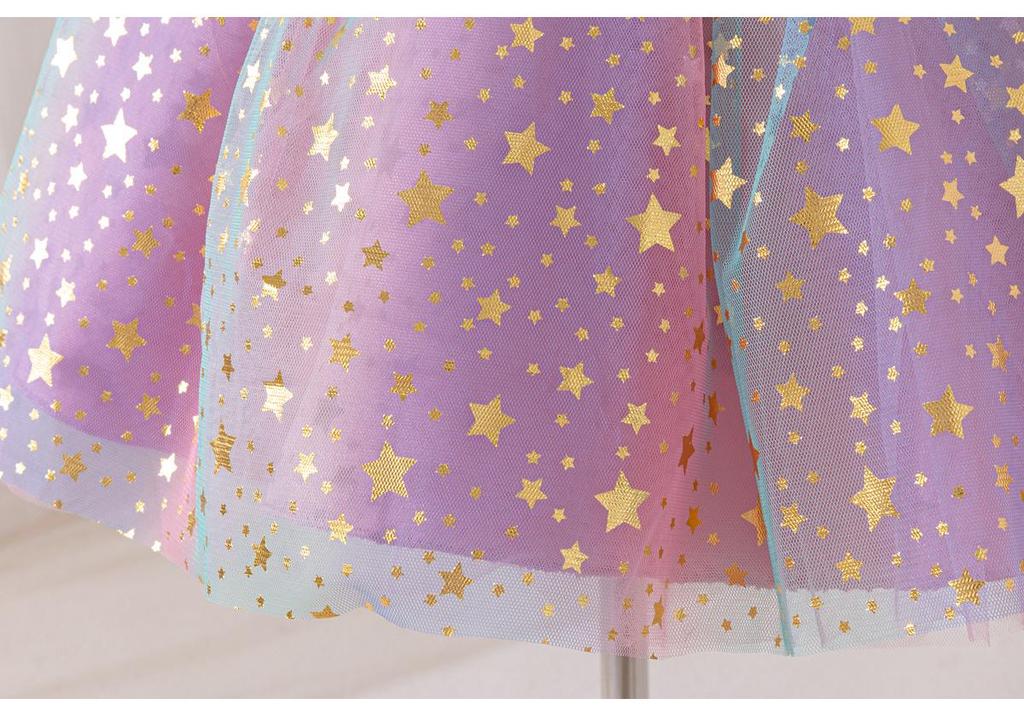 Children's Princess Dress Set with Seven-Color Wing Sleeves, Starry Mesh, and Fluffy Ball Gown