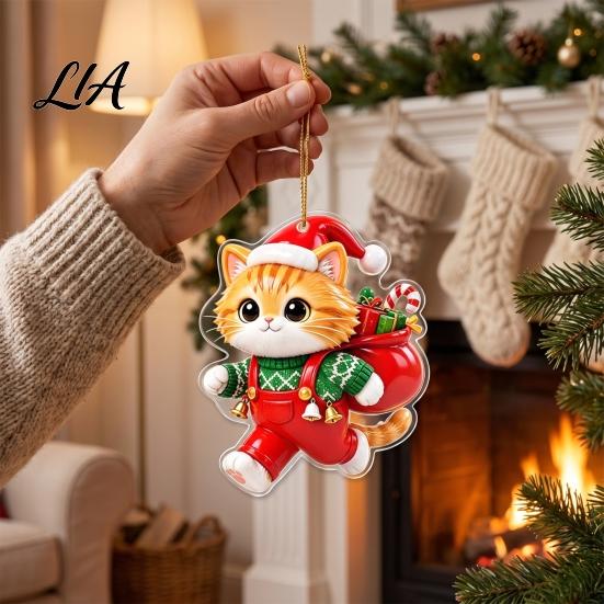 Cat Shaped Decorations Christmas Pendant with Hanging Rope, 2D Flat Acrylic Ornament for Xmas Tree Lover Gifts Decoration, Cute Holiday Decor,