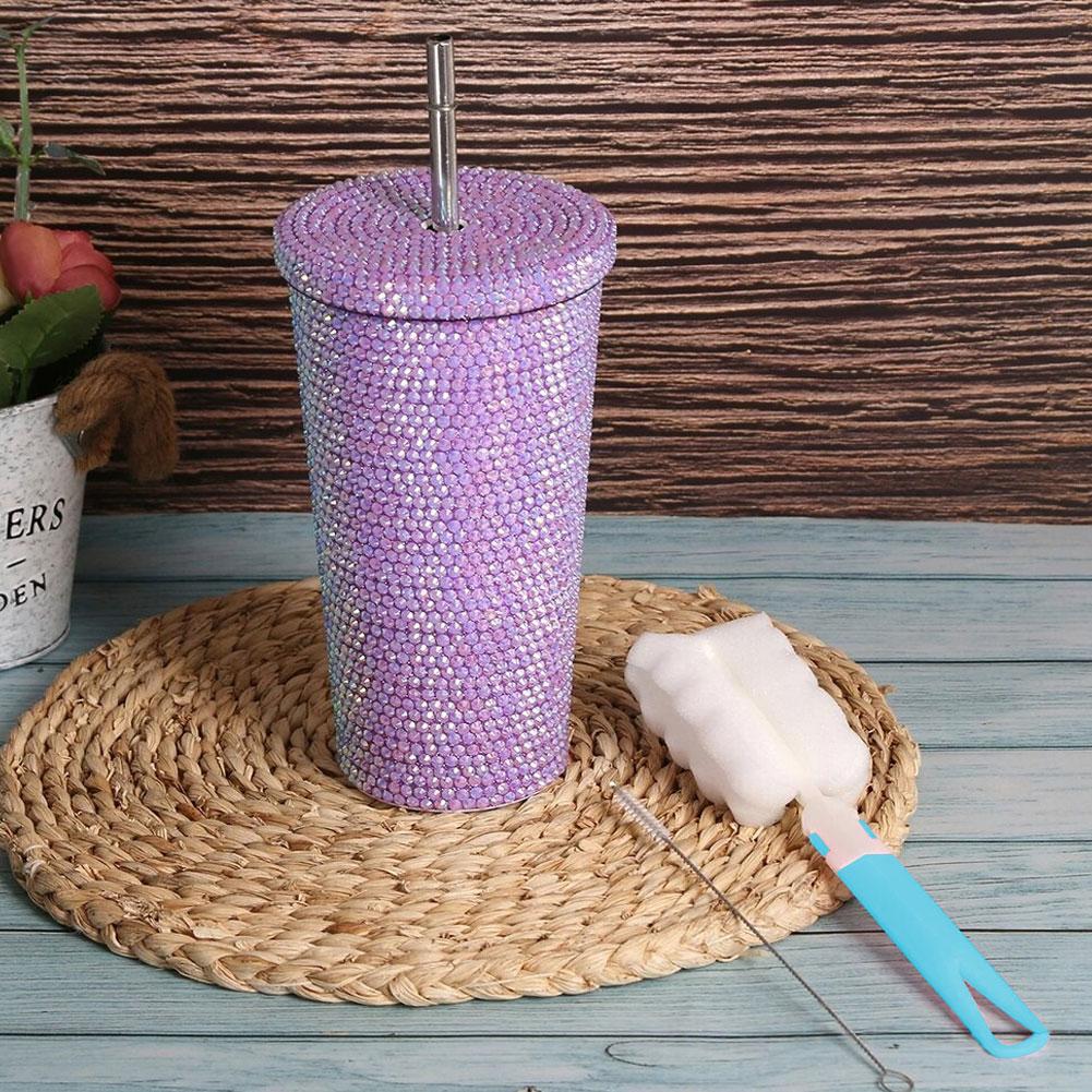 Insulated Straw Tumbler Stainless Steel Rhinestone Cup 24 Hour Hot Cold Water Coffee Drinkware For Office Travel Gym Accessories