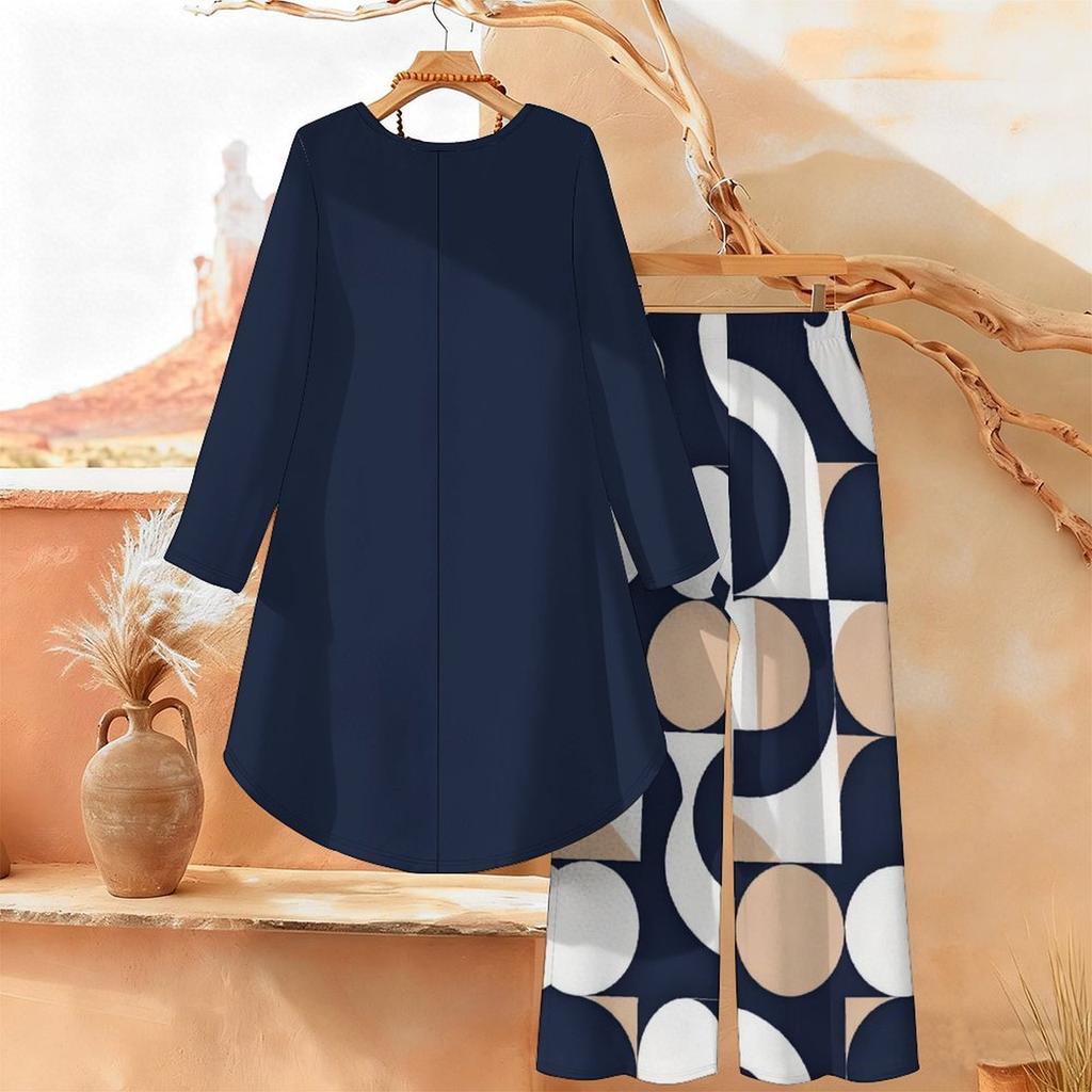 Floral Print Two Piece Outfit Women Long Sleeve Irregular Hem Tunic Top Wide Leg Pants Casual Matching Set
