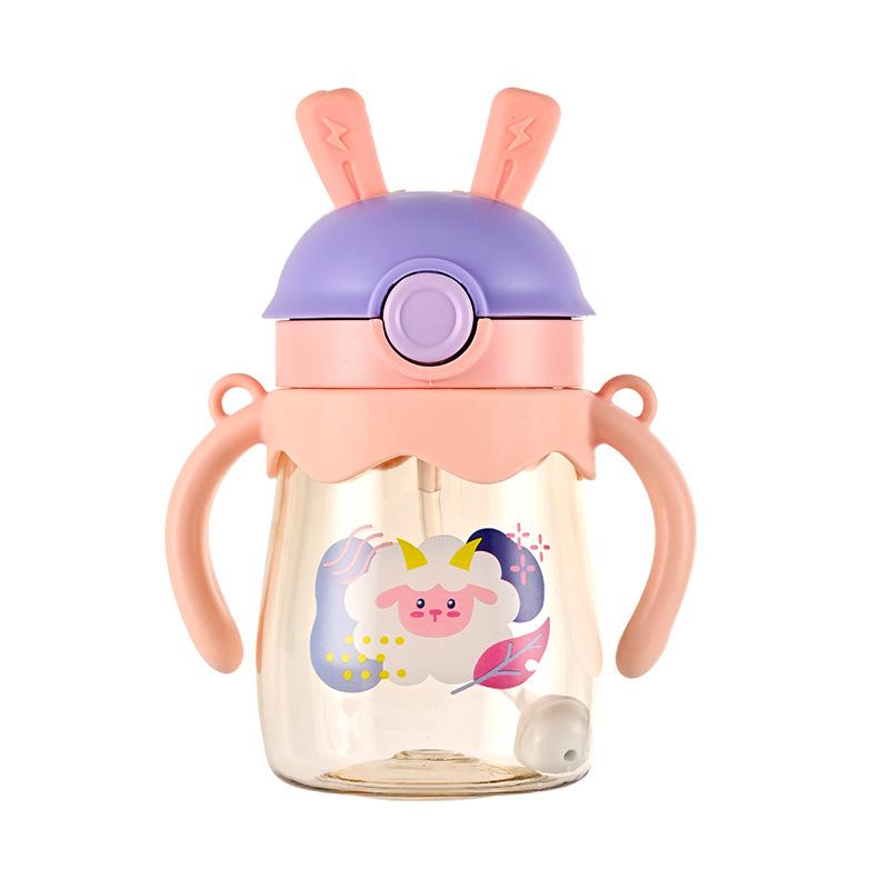 Infant Cartoon Drinking Cup with Handle Bounce Cover Childrens Straw Cup Drop-Resistant Kindergarten Men and Women Baby Learns to Drink