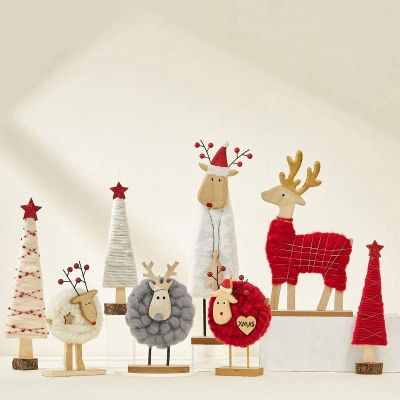 Soft Felt Cloth Santa Clause Reindeer Ornament with Wood Base Plush Wool Felt Christmas Figure Decoration For Tabletop