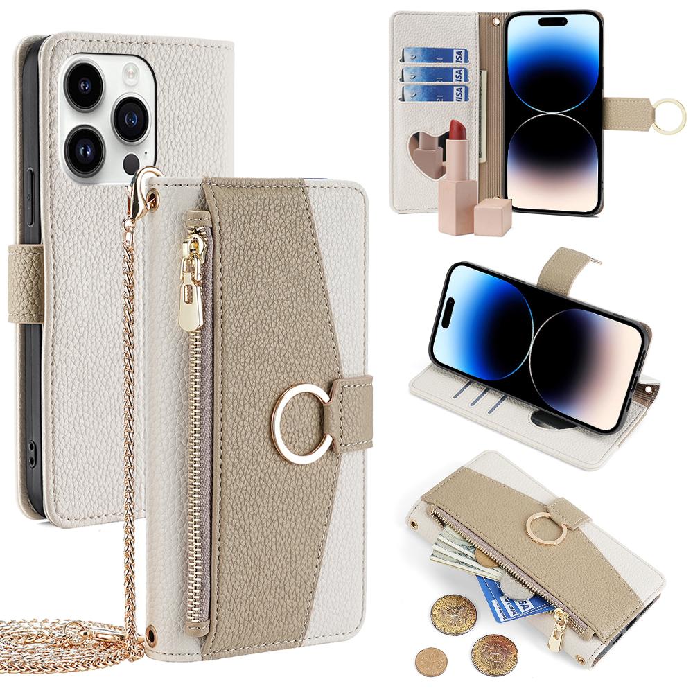 

For iPhone 14 Pro Case PU Leather+TPU Zipper Pocket Makeup Mirror Phone Protector White