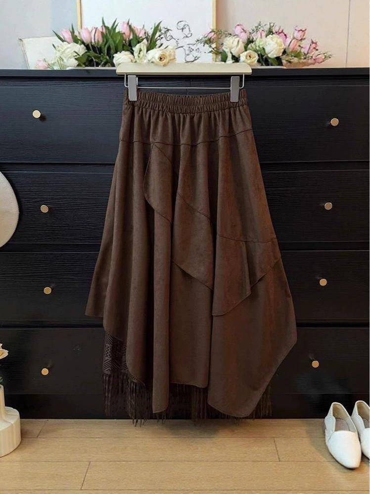 Women s Retro Suede and Lace Patchwork Skirt Asymmetrical Ruffled Midi Skirt s