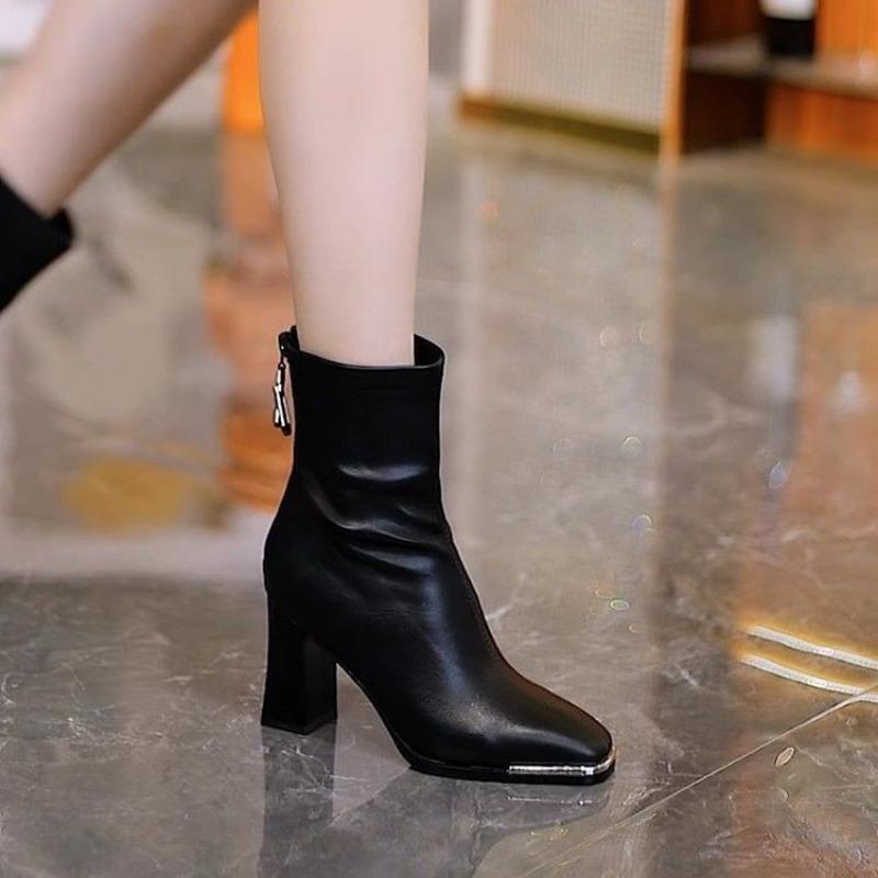Women Ankle Boots Fashion Eelgant Back Zippers Shoes Vintage Square Heels Autumn Winter Ladies Stretch Modern Booties