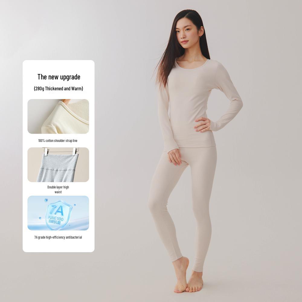 Women's Plus Size Double-Sided Flannel Underwear Set - Pure Cotton, Thick Round Neck Base Layer for Autumn and Winter