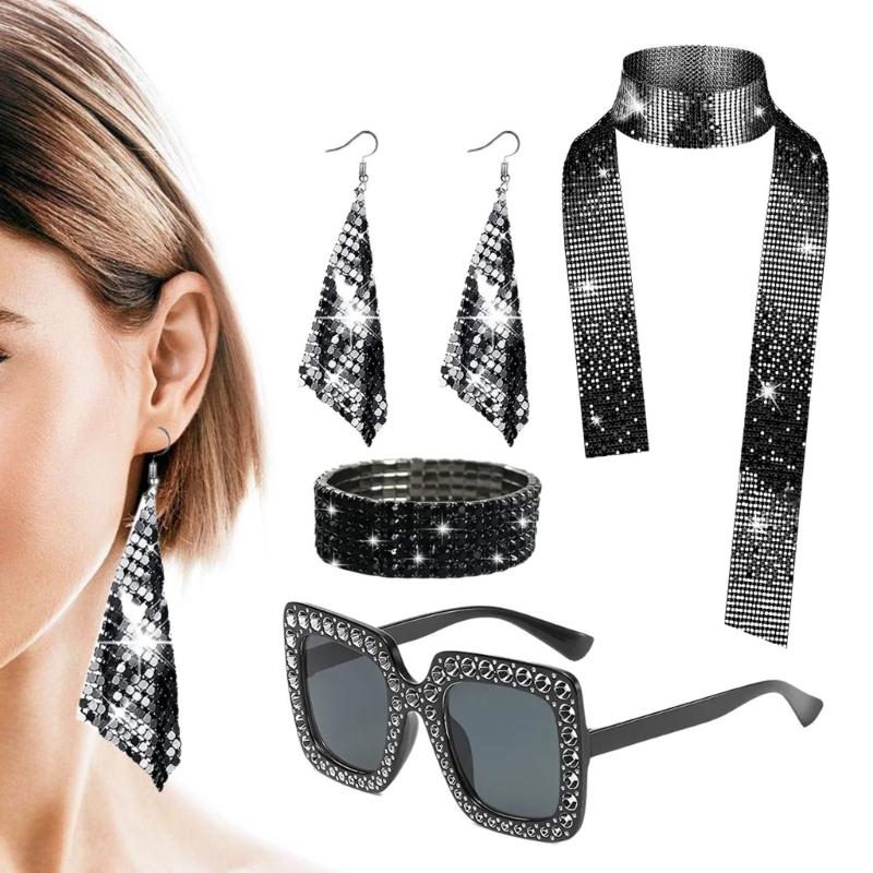 1970s Disco Costume Accessories, Bling Sunglasses Earrings Long Scarf Hat Headband Bracelet 70s Disco Fancy Dress Set