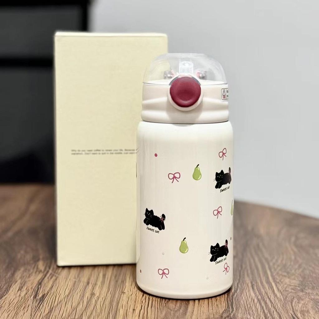 500ml ladies' cute cat pattern insulated cup 316 stainless steel insulated cup  stainless steel water bottle with straw