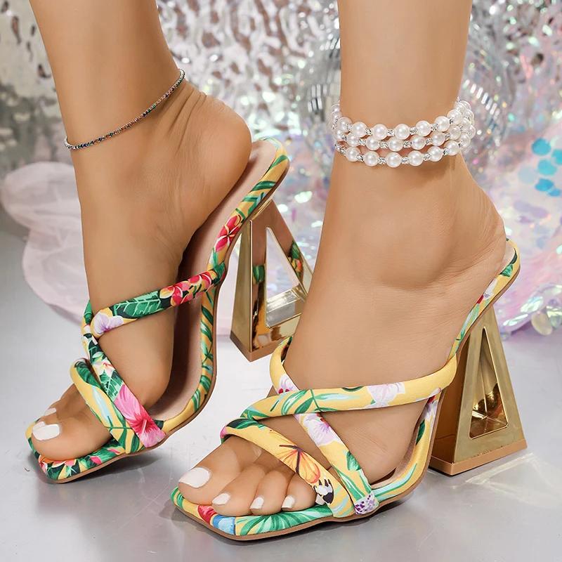 Fashion Fashion Printed Strange Heeled Sandals Women 2025 Summer Square Toe 10cm High Heel Slippers Woman Cross Strap Party Dress Shoes