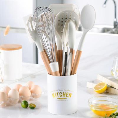 10-Piece Milky White Silicone Kitchen Set with Non-Stick Utensils and Storage Bucket
