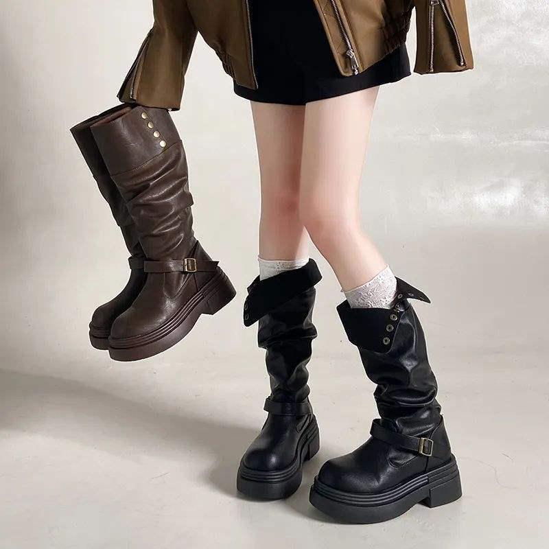 2025 New Women's Thick-Soled Black Knight Boots - Leg-Slimming, Height-Boosting for Autumn and Winter