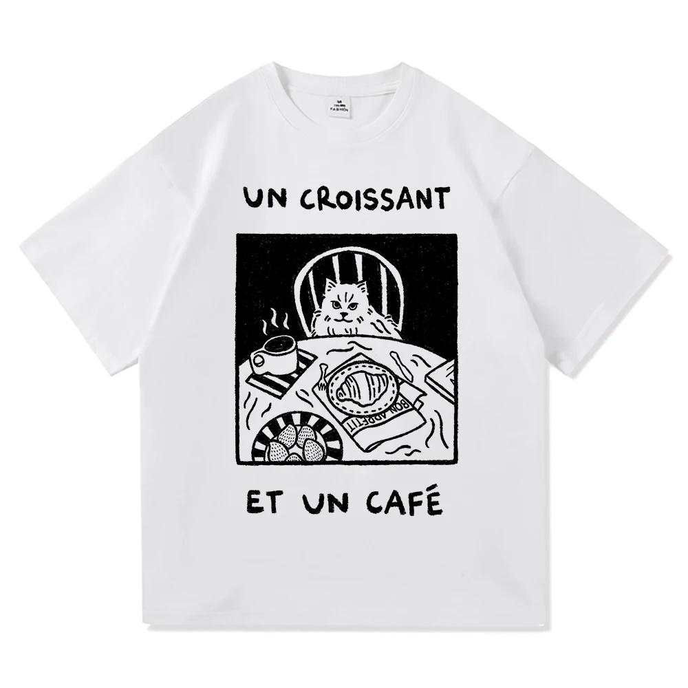 French Cafe Cat T Shirt Fashion Women Summer Funny Letter Un Croissant Et Un Cafe Tshirt High Quality Casual Cotton Tees Shirts