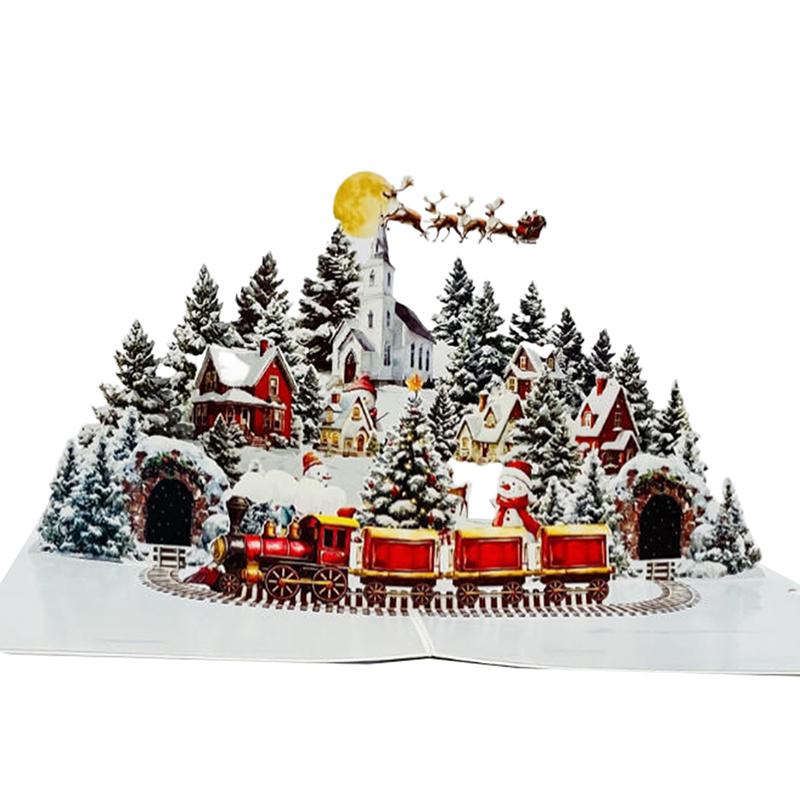 3D Christmas Card Night Before Christmas Scene With Santa, Reindeer, Snowy Village & Moonlit Sky Festive Holiday Greeting Card F
