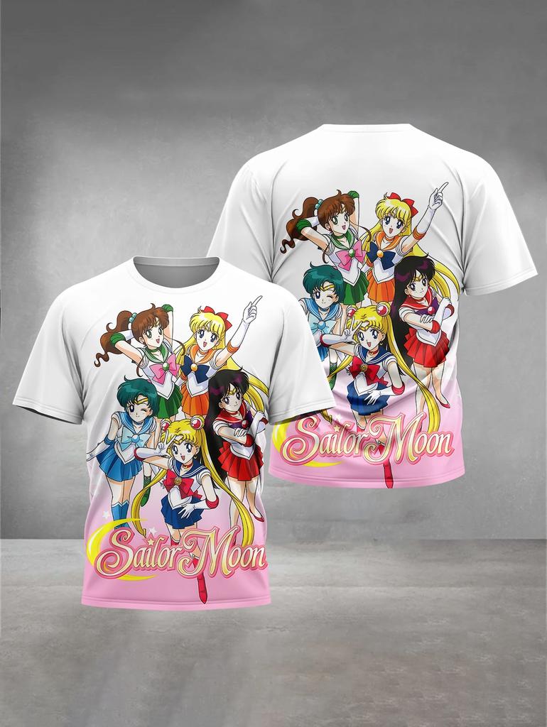 2026 Summer Sailor Moon Retro Cosplay T-shirt Oversized 3D Printed Short-sleeved Family Unisex Children's Sports Shirt