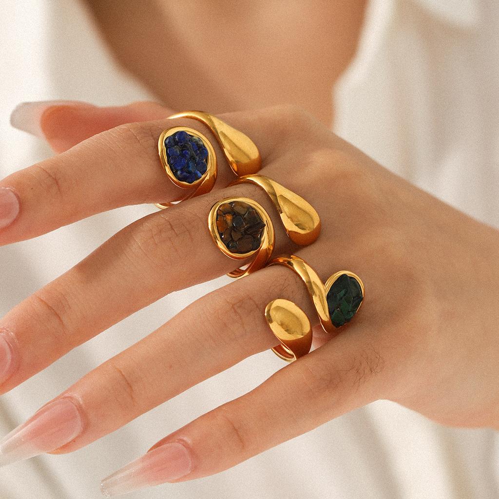 French vintage natural stone geometric ring, gold-plated jewelry, non-fading ring, minimalist high-end hand accessory