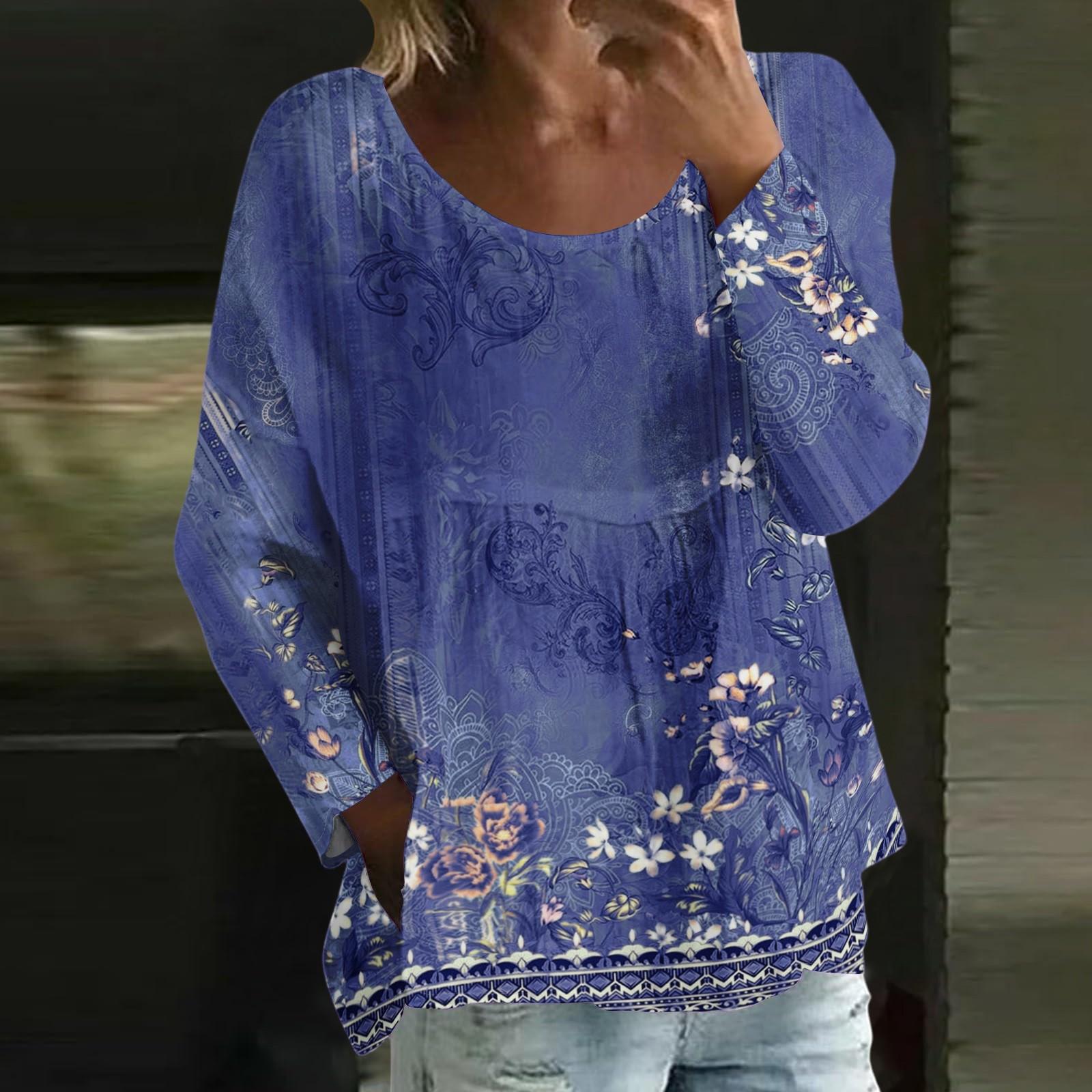 

Женский повседневный модный свободный топ с круглым вырезом и цветочным принтом, с длинным рукавом XXL синий