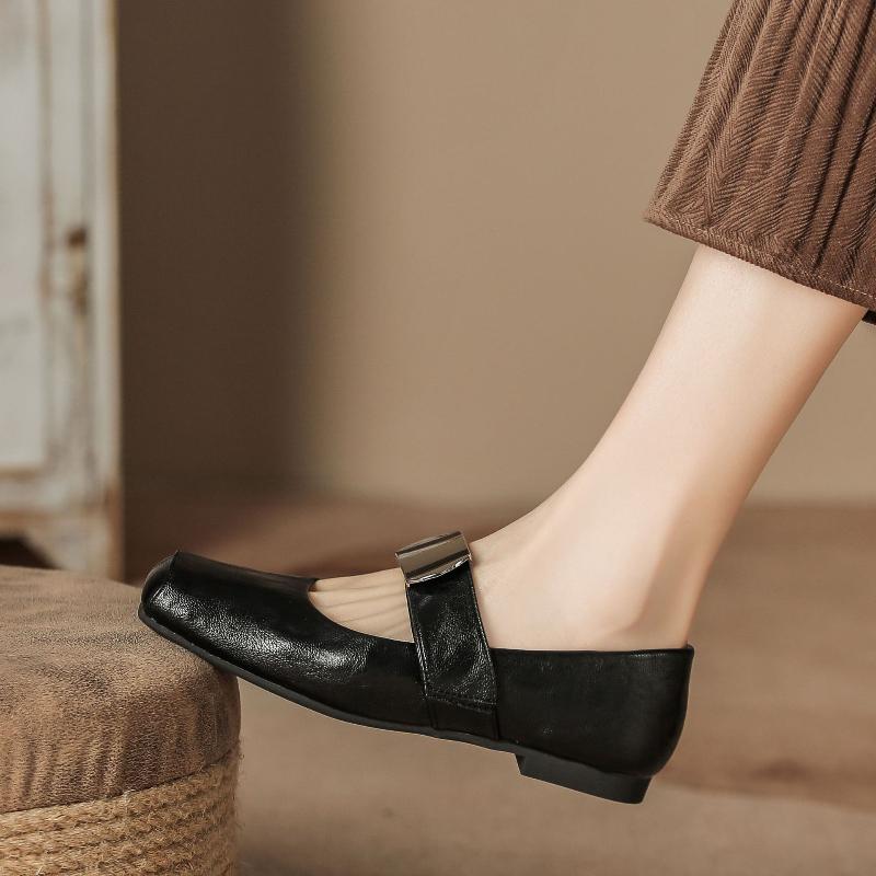 Women Spring Mary Jane Flats Soft Sole Metal Accent Slip-On Shoes H83-1 Chunky Platform Slingback Casual Leather