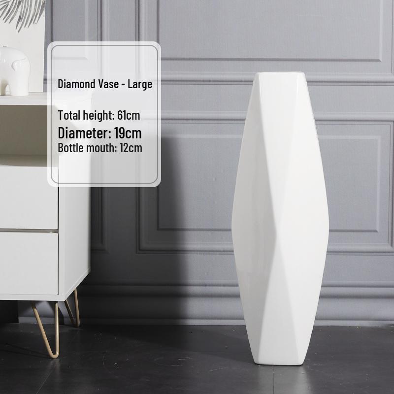 Nordic Minimalist Ceramic White Floor Vase for Dried Flowers and Lucky Bamboo, Living Room Decor