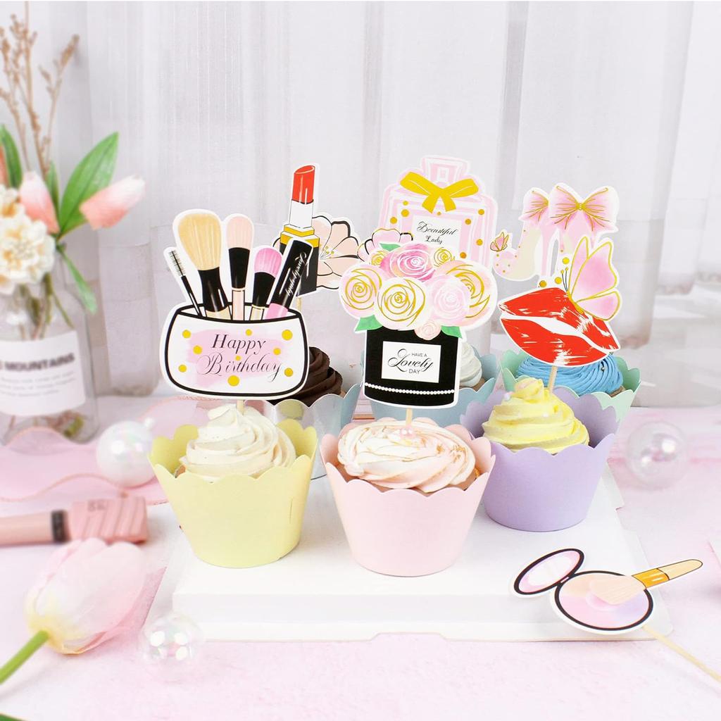 Glitter Makeup Cake Toppers Lipstick Cake Picks Cupcake Decors High Heel Makeup Brushes for Bridal Cosmetics Party Decorations
