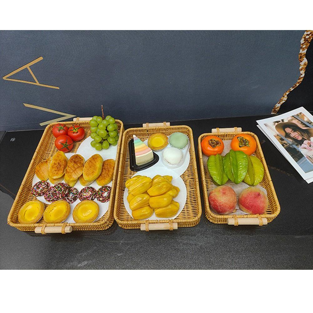 Plastic Rattan Threads Food Serving Tray Wooden Handle Desktop Organizer  Office