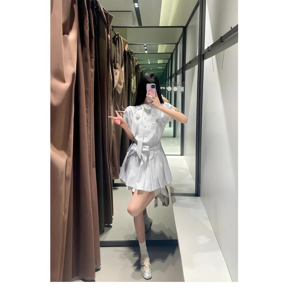 Sweet Polka Dot Striped Dress Women's Summer Japanese College Style Bow Shirt Skirt