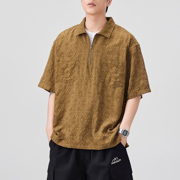 

American Retro Texture Short-sleeved Shirt Men s Polo Collar Japanese Pure Cotton Loose Short-sleeved Shirt 4XL