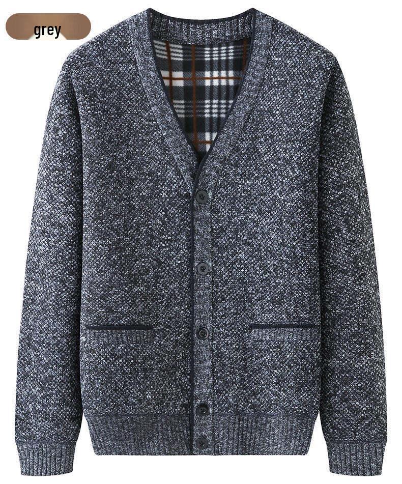 Men's Grey Plus Velvet Cardigan Sweater - Autumn/Winter Warm Knitwear for Middle-aged and Elderly